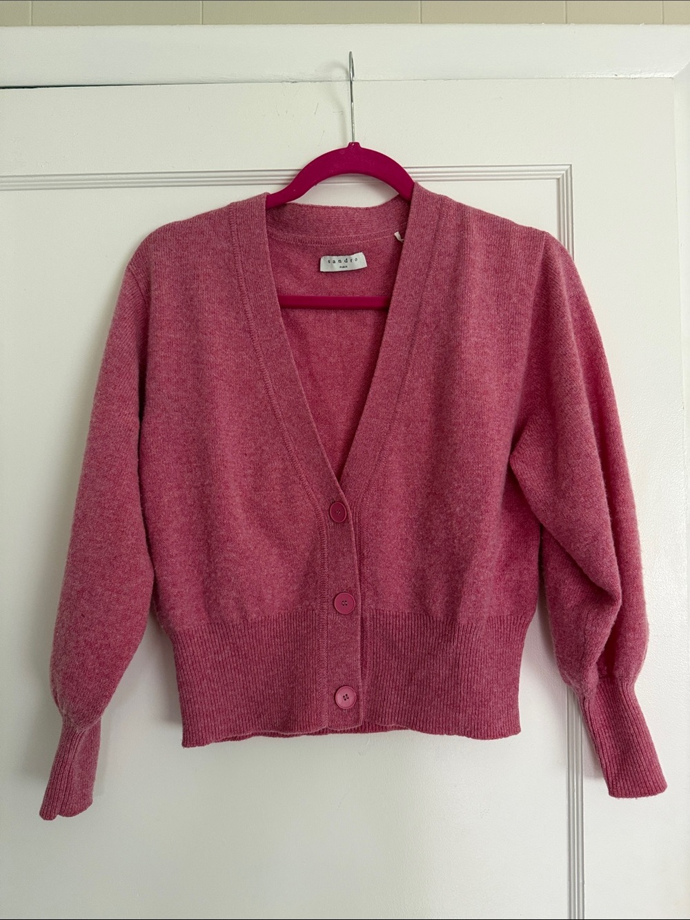 Sandro Rose Pink V-Neck Button Cardigan 100% wool